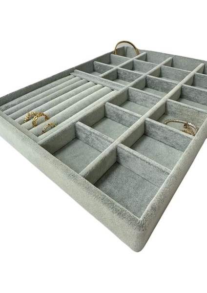 Yerli Üretim Bakü Model Süet Kumaş Gri Renk Bölmeli-Batırmalı Çekmece Içi Takı Standı modelleri