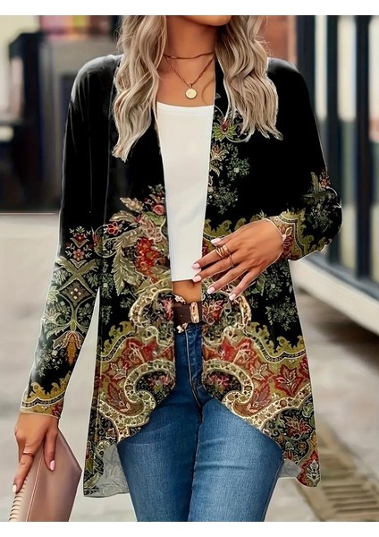 AYDOGANTICARET44 Kadın Uzun Kollu Önü Açık Desenli Şardonlu Dalgıç Ceket