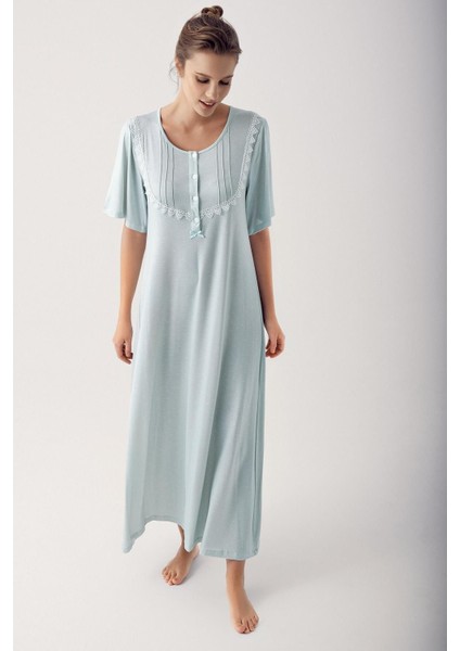 Puantiyeli Düğmeli Kısa Kol Likralı Uzun Viskoz Gecelik 14118
