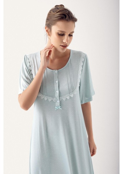 Puantiyeli Düğmeli Kısa Kol Likralı Uzun Viskoz Gecelik 14118 fiyatları