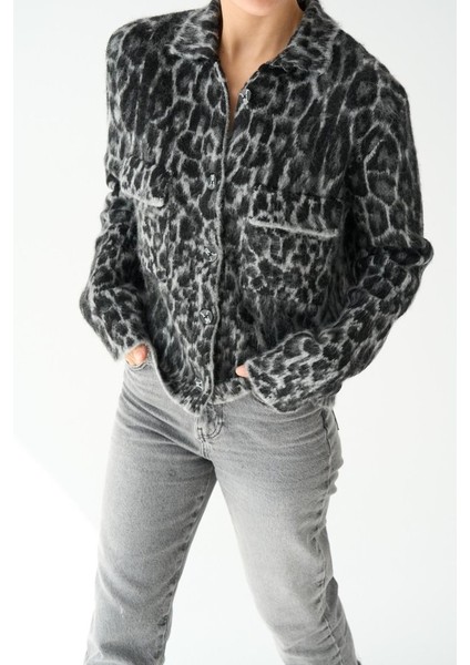 AYDOGANTICARET44 Leopar Desen Jakarlı Hırka - Siyah-Açık Gri modelleri