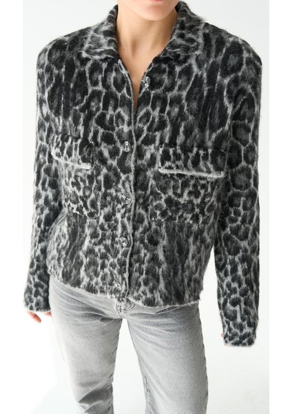 AYDOGANTICARET44 Leopar Desen Jakarlı Hırka - Siyah-Açık Gri fırsatları