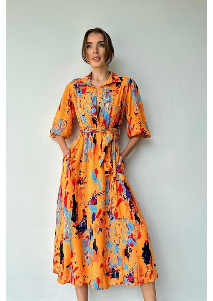 AYDOGANTICARET44 Oranj Çiçek Desenli Kemerli Elbise fırsatları