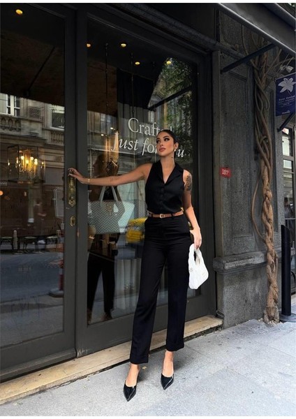AYDOGANTICARET44 Keten Duble Paça Deri Taba Kemerli Pantolon - Siyah