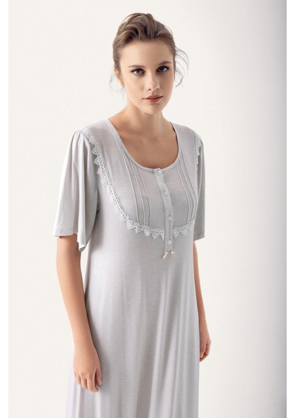 Puantiyeli Düğmeli Kısa Kol Likralı Uzun Viskoz Gecelik 14118 fiyatları