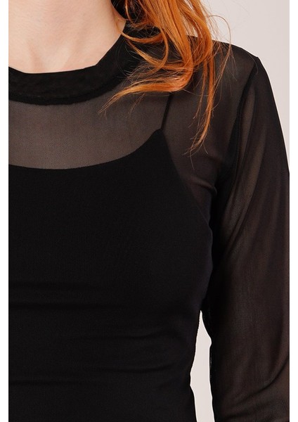 AYDOGANTICARET44 Transparan Siyah Tül Basic Bluz
