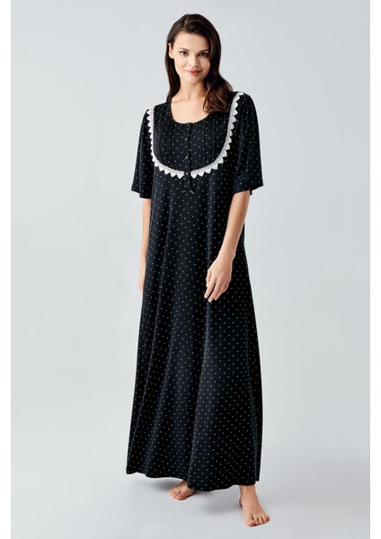 Puantiyeli Düğmeli Kısa Kol Likralı Uzun Viskoz Gecelik 14118