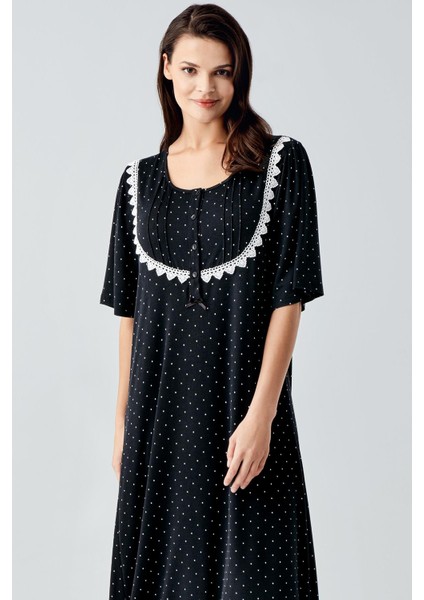 Puantiyeli Düğmeli Kısa Kol Likralı Uzun Viskoz Gecelik 14118 fiyatları