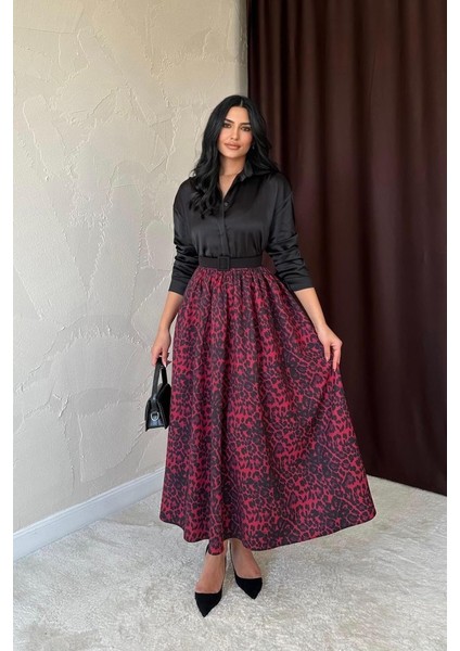 AYDOGANTICARET44 Bordo Leopar Büzgülü Uzun Etek