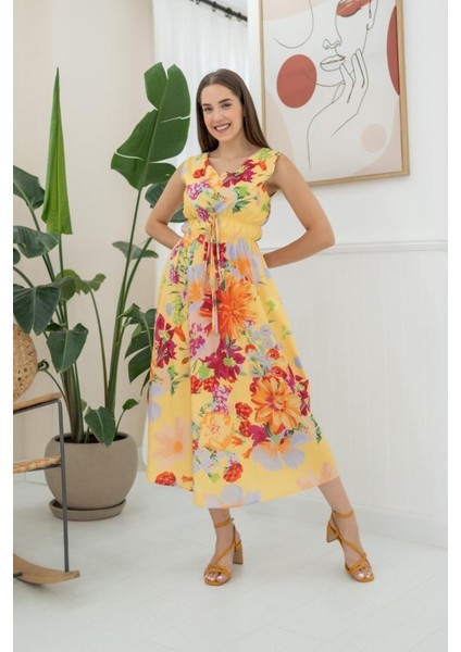 AYDOGANTICARET44 Sarı Çiçek Desenli Yazlık Elbise fiyatları