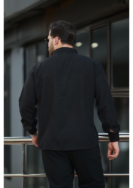 Yumuşak Dokulu Yarım Oversize Erkek Gömlek - Siyah