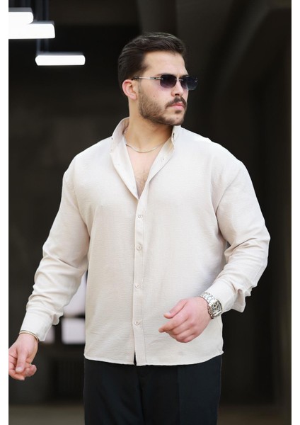 Yumuşak Dokulu Yarım Oversize Erkek Gömlek - Bej
