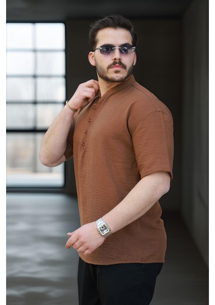 Oversize Yarım Pat Bambu Kısa Kol Gömlek - Kahve