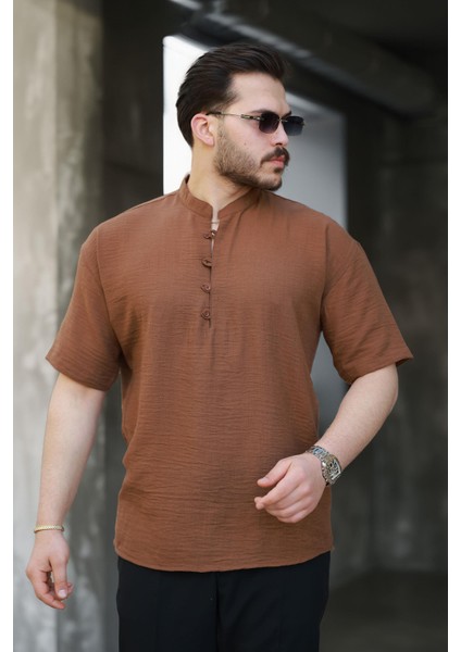 Oversize Yarım Pat Bambu Kısa Kol Gömlek - Kahve