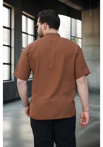 Oversize Yarım Pat Bambu Kısa Kol Gömlek - Kahve