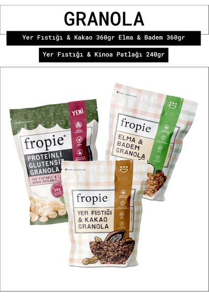 Yer Fıstığı & Kakao - Elma & Badem - Glutensiz Yer Fıstıklı & Kinoa Patlaklı Granola 3’lü Set
