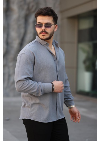 Pera Kumaş Keten Görünümlü Yarım Oversize Uzun Kollu Erkek Gömlek - Füme fırsatları