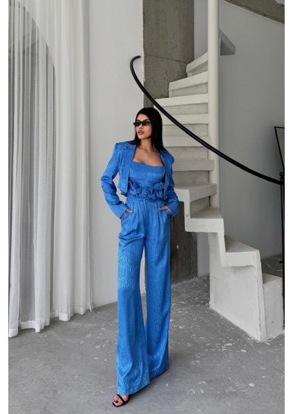 AYDOGANTICARET44 Jakarlı Bluzu Tasarım Detaylı Ceket-Pantolon-Bluz 3 Lü Takım - Mavi