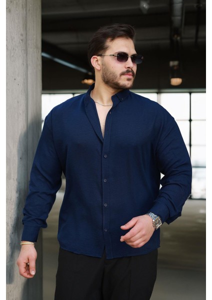 Yumuşak Dokulu Yarım Oversize Erkek Gömlek - Lacivert