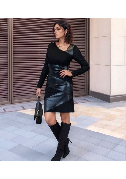 AYDOGANTICARET44 Kadın Uzun Kollu Asimetrik Yaka Süet ve Deri Mini Boy Elbise fiyatları
