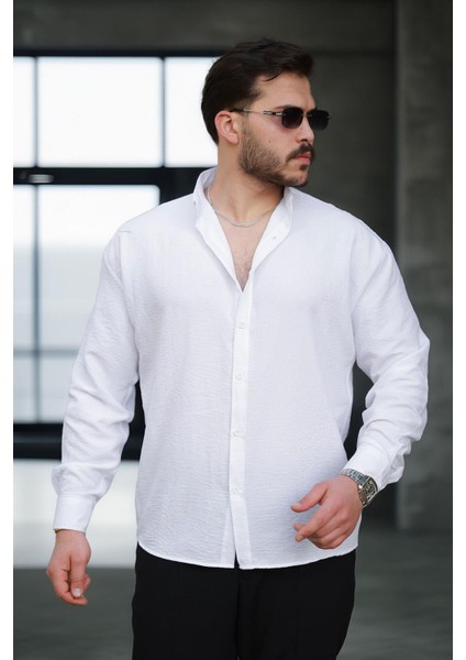 Yumuşak Dokulu Yarım Oversize Erkek Gömlek - Beyaz