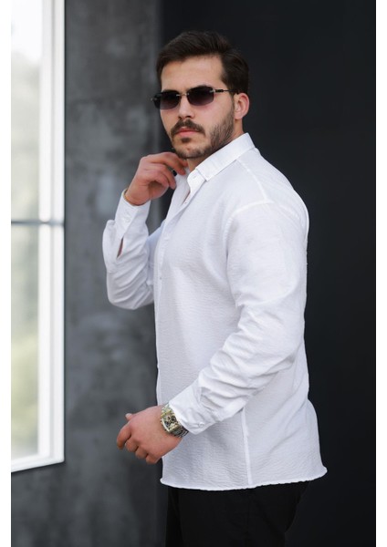 Yumuşak Dokulu Yarım Oversize Erkek Gömlek - Beyaz