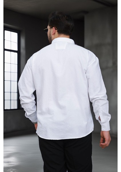 Yumuşak Dokulu Yarım Oversize Erkek Gömlek - Beyaz