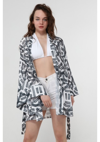 Naomi Siyah Geometrik Desen Kimono modelleri