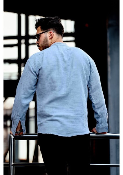 Hafif ve Nefes Alabilir Erkek Müslin Yarım Pat Hakim Yaka Oversize Gömlek- Soğuk Mavi
