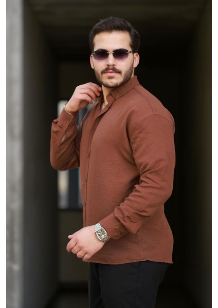 Yumuşak Dokulu Yarım Oversize Erkek Gömlek - Kahve
