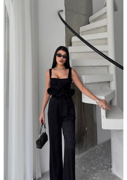 AYDOGANTICARET44 Jakarlı Bluzu Tasarım Detaylı Ceket-Pantolon-Bluz 3 Lü Takım - Siyah