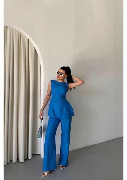 AYDOGANTICARET44 Jakar Keten Kolsuz Bluz-Pantolon Tk - Mavi