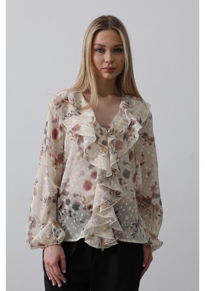 AYDOGANTICARET44 Volanlı Çiçek Desen Şifon Gömlek - Krem fiyatları