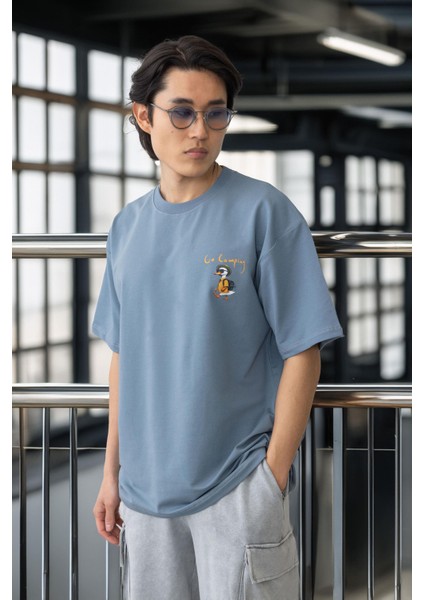 Cep Baskılı Iki Iplik Kumaş Pamuklu Oversize Erkek T-Shirt - Soğuk Mavi