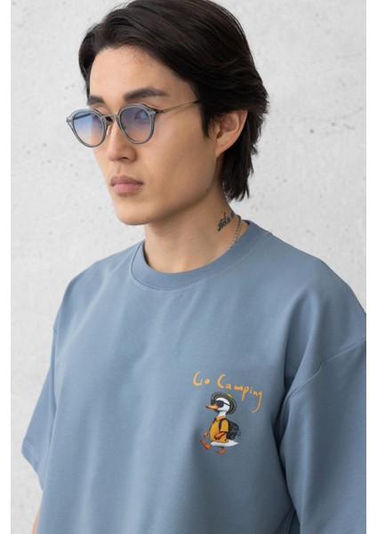 Cep Baskılı Iki Iplik Kumaş Pamuklu Oversize Erkek T-Shirt - Soğuk Mavi fiyatları