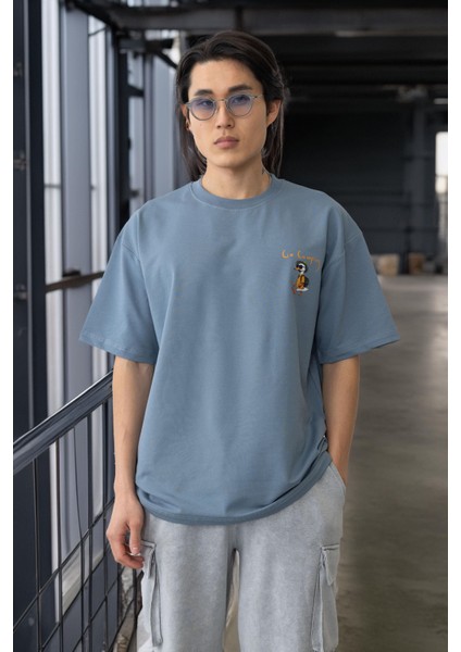 Cep Baskılı Iki Iplik Kumaş Pamuklu Oversize Erkek T-Shirt - Soğuk Mavi modelleri