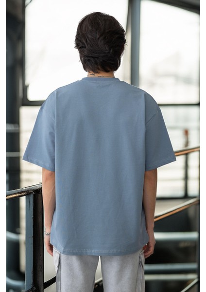 Cep Baskılı Iki Iplik Kumaş Pamuklu Oversize Erkek T-Shirt - Soğuk Mavi fırsatları