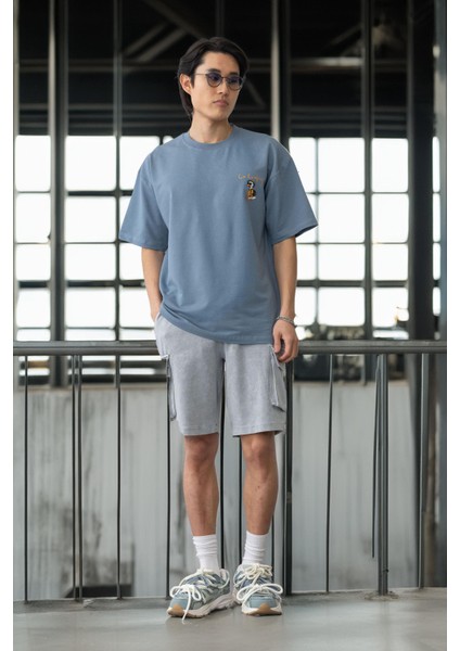 Cep Baskılı Iki Iplik Kumaş Pamuklu Oversize Erkek T-Shirt - Soğuk Mavi indirimleri