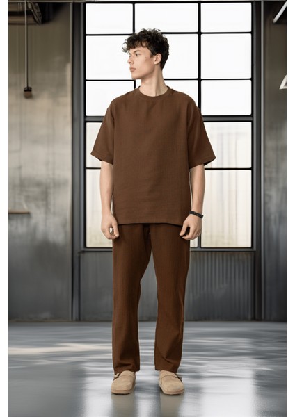 Rahat Kalıp Müslin Kumaş Erkek T-Shirt - Kahve fiyatları