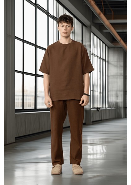 Rahat Kalıp Müslin Kumaş Erkek T-Shirt - Kahve modelleri
