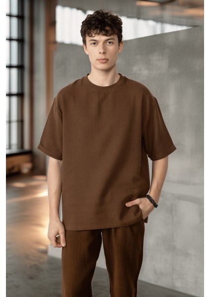 Rahat Kalıp Müslin Kumaş Erkek T-Shirt - Kahve fırsatları