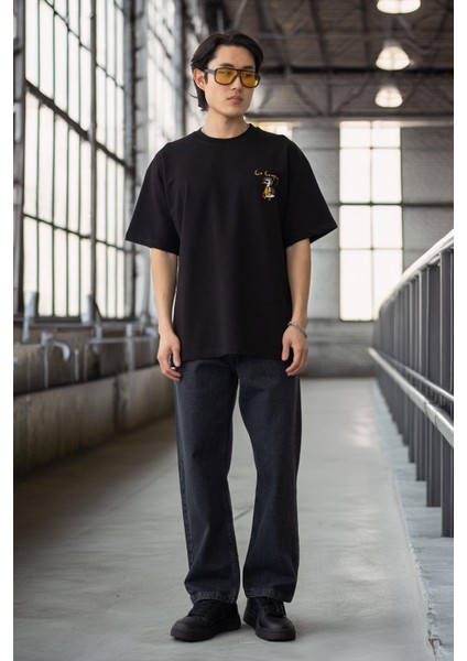 Cep Baskılı Iki Iplik Kumaş Pamuklu Oversize Erkek T-Shirt - Siyah