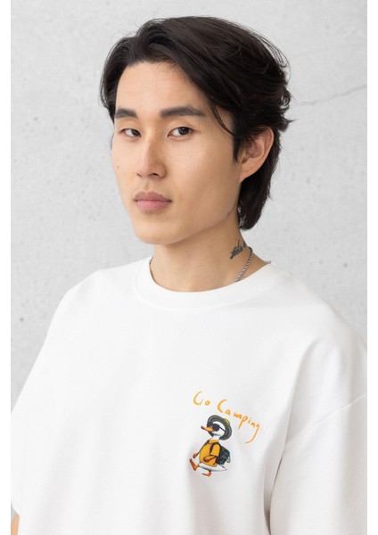 Cep Baskılı Iki Iplik Kumaş Pamuklu Oversize Erkek T-Shirt - Ekru