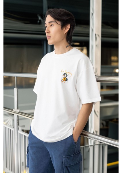 Cep Baskılı Iki Iplik Kumaş Pamuklu Oversize Erkek T-Shirt - Ekru
