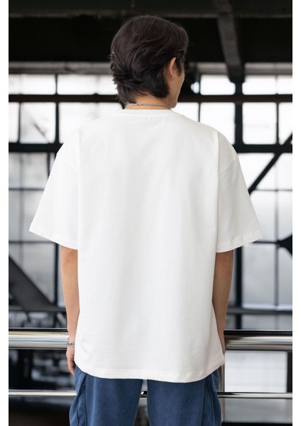 Cep Baskılı Iki Iplik Kumaş Pamuklu Oversize Erkek T-Shirt - Ekru