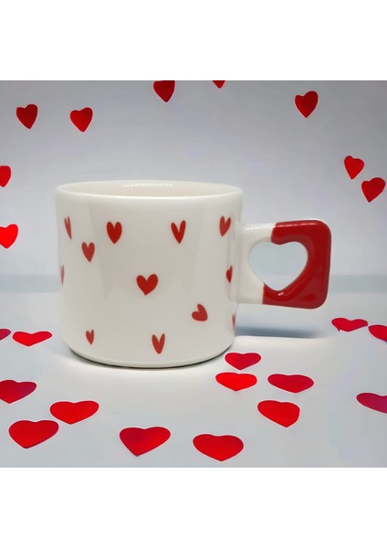 Minimalist 2'li Kırmızı Kalp Desenli El Yapımı Doğal Seramik Kalp Kupa / Mug - Çay & Kahve Fincanı