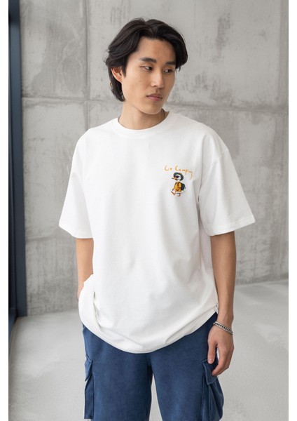 Cep Baskılı Iki Iplik Kumaş Pamuklu Oversize Erkek T-Shirt - Ekru