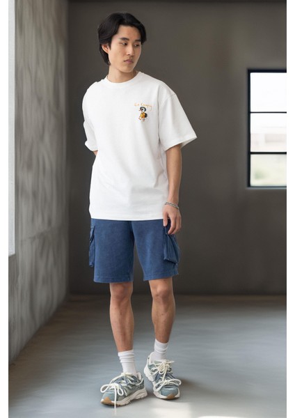 Cep Baskılı Iki Iplik Kumaş Pamuklu Oversize Erkek T-Shirt - Ekru indirimleri