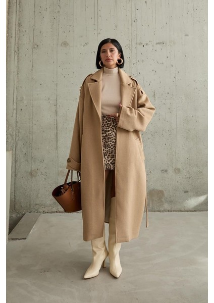 AYDOGANTICARET44 Camel Uzun Kaşe Kemerli Kaban