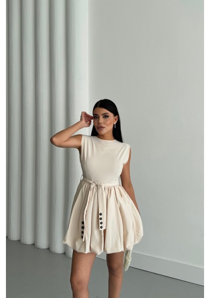 AYDOGANTICARET44 Balon Etekli Tasarım Kısa Elbise - Bej fırsatları
